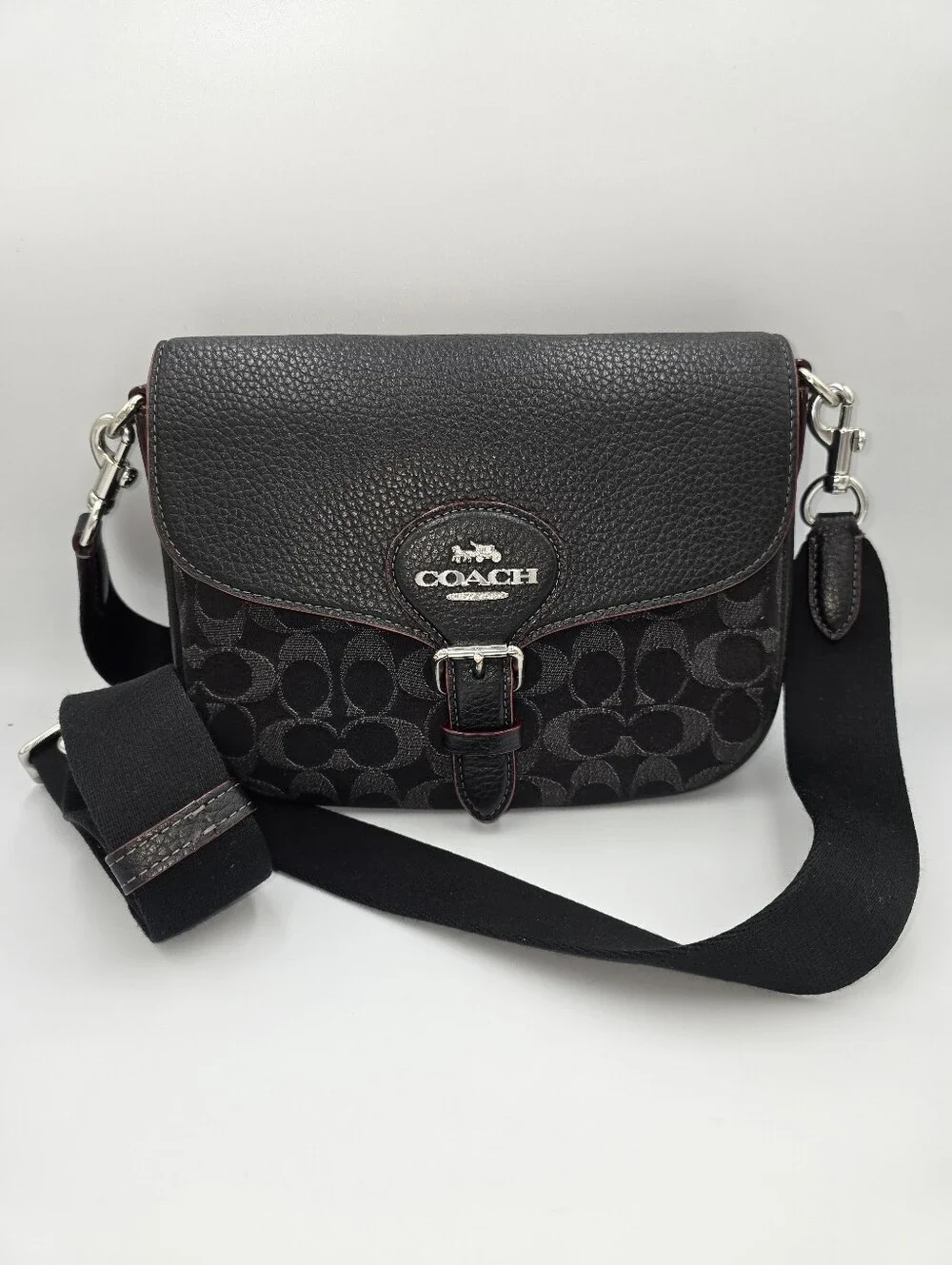 COACH CQ185 Amelia Saddle Bag Crossbody Black Signature Denim & Pebbled Leather*